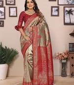 Red color zari weaving handloom blended tissue silk saree with blouse
