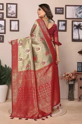 Red color zari weaving handloom blended tissue silk blend saree with blouse
