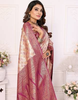 Beige color Blended silk blend chaturi weaving work saree with blouse 3