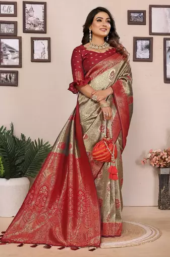 Red color zari weaving handloom blended tissue silk blend saree with blouse