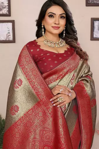 Red color zari weaving handloom blended tissue silk blend saree with blouse