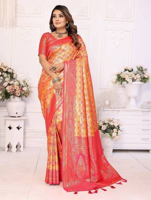 Orange color banarasi blended silk blend chaturi weaving work saree with blouse 1