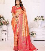 Orange color banarasi blended silk chaturi weaving work saree with blouse