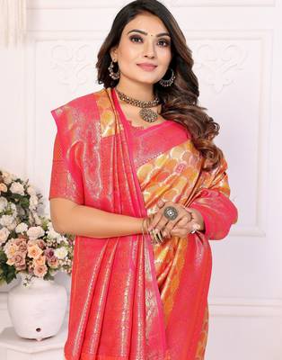 Orange color banarasi blended silk blend chaturi weaving work saree with blouse 3