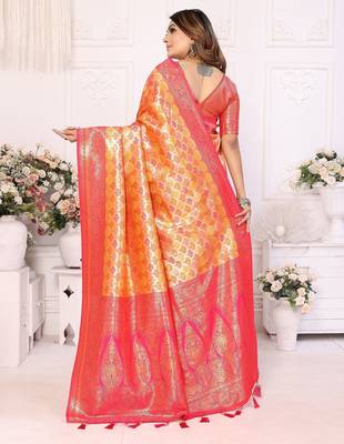Orange color banarasi blended silk blend chaturi weaving work saree with blouse 4
