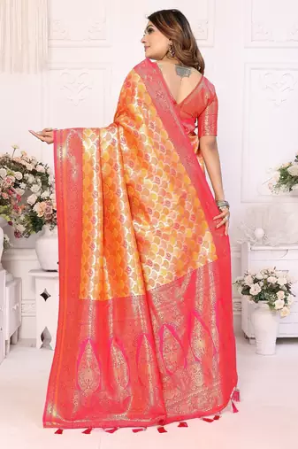 Orange color banarasi blended silk blend chaturi weaving work saree with blouse