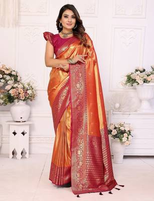 Orange Blended tissue silk blend weaving work saree with blouse 1