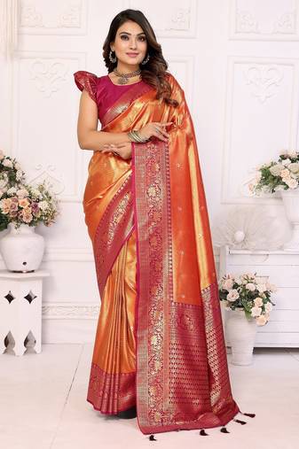 Orange color Blended tissue silk weaving work saree with blouse