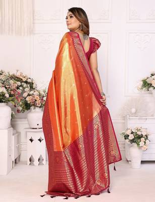 Orange Blended tissue silk blend weaving work saree with blouse 2