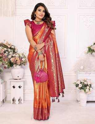 Orange Blended tissue silk blend weaving work saree with blouse 3