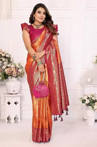 Orange Blended tissue silk blend weaving work saree with blouse