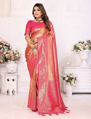 Pink color banarasi tissue Blended silk blend weaving work saree with blouse 1