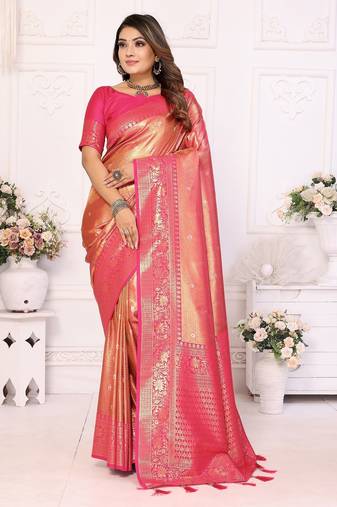 Pink color banarasi tissue Blended silk weaving work saree with blouse