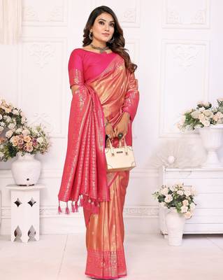 Pink color banarasi tissue Blended silk blend weaving work saree with blouse 2