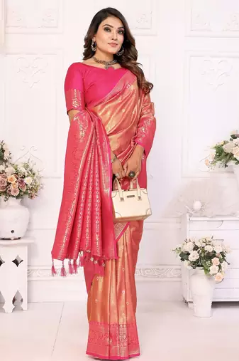 Pink color banarasi tissue Blended silk blend weaving work saree with blouse
