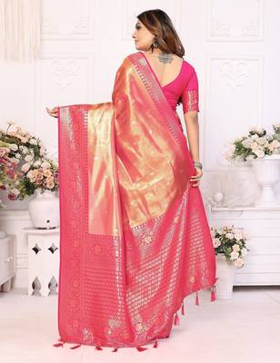 Pink color banarasi tissue Blended silk blend weaving work saree with blouse 4