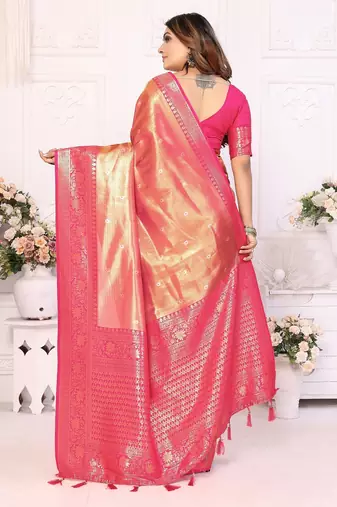 Pink color banarasi tissue Blended silk blend weaving work saree with blouse
