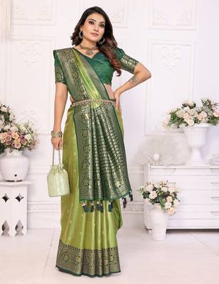 Green color Blended silk blend weaving work saree with blouse 3