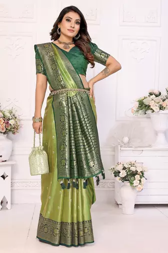 Green color Blended silk blend weaving work saree with blouse