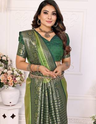 Green color Blended silk blend weaving work saree with blouse 4