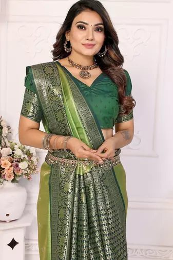 Green color Blended silk blend weaving work saree with blouse