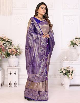 Blue color Blended silk blend weaving work saree with blouse 2