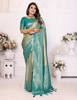 Sky blue color banarasi tissue blended silk blend weaving work saree with blouse 1