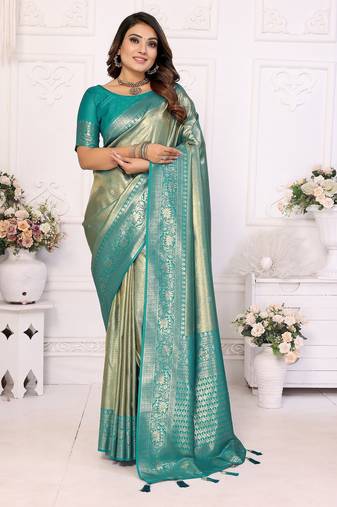 Sky blue color banarasi tissue blended silk weaving work saree with blouse