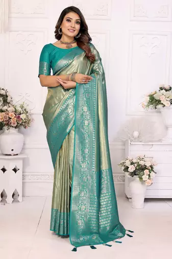 Sky blue color banarasi tissue blended silk weaving work saree with blouse