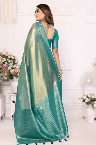 Sky blue color banarasi tissue blended silk blend weaving work saree with blouse