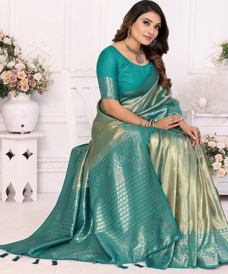 Sky blue color banarasi tissue blended silk blend weaving work saree with blouse 3