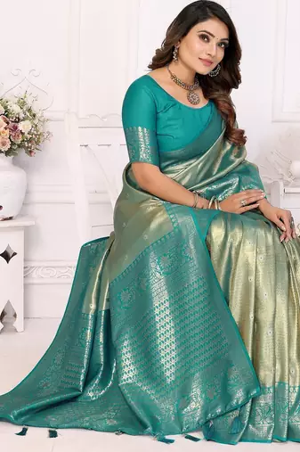 Sky blue color banarasi tissue blended silk blend weaving work saree with blouse