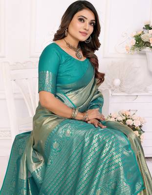 Sky blue color banarasi tissue blended silk blend weaving work saree with blouse 4