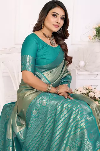 Sky blue color banarasi tissue blended silk blend weaving work saree with blouse