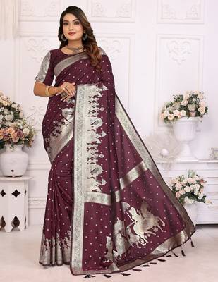 Wine bandhej weaving kochi blended silk blend saree with blouse 1