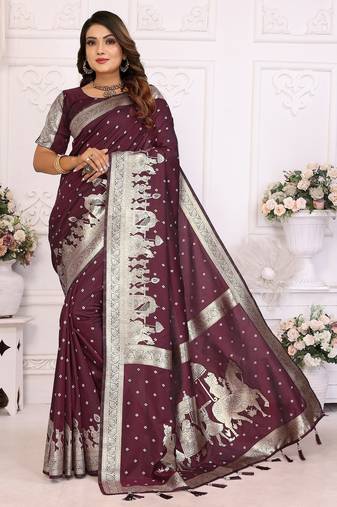 Wine color bandhej weaving kochi blended silk saree with blouse