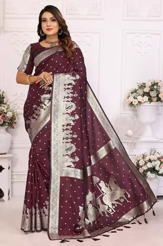 Wine color bandhej weaving kochi blended silk saree with blouse