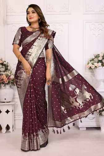 Wine bandhej weaving kochi blended silk blend saree with blouse