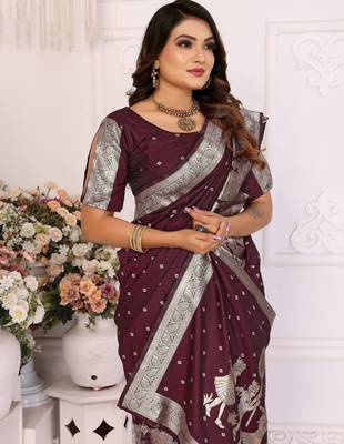 Wine bandhej weaving kochi blended silk blend saree with blouse 4