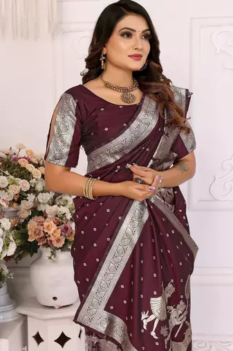 Wine bandhej weaving kochi blended silk blend saree with blouse