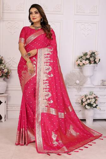 Pink color bandhej weaving kochi blended silk saree with blouse