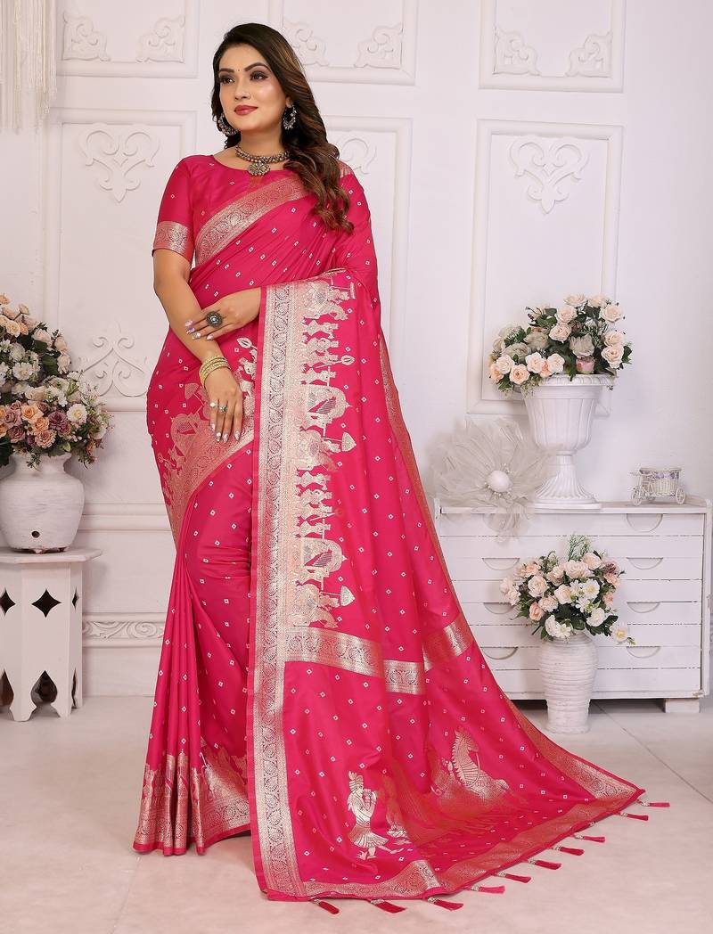 Pink color bandhej weaving kochi blended silk saree with blouse