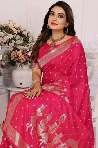 Pink color bandhej weaving kochi blended silk blend saree with blouse