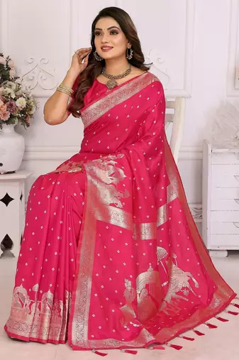 Pink color bandhej weaving kochi blended silk blend saree with blouse