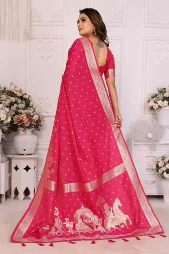 Pink color bandhej weaving kochi blended silk blend saree with blouse
