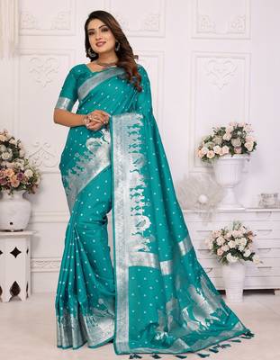Sky blue color bandhej weaving kochi blended silk blend saree with blouse 1