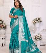 Sky blue color bandhej weaving kochi blended silk saree with blouse