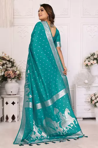 Sky blue color bandhej weaving kochi blended silk blend saree with blouse