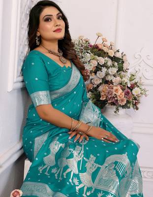 Sky blue color bandhej weaving kochi blended silk blend saree with blouse 3