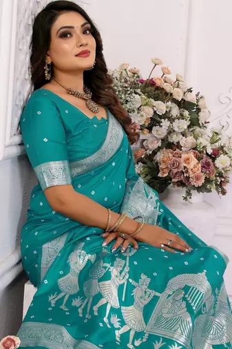 Sky blue color bandhej weaving kochi blended silk blend saree with blouse